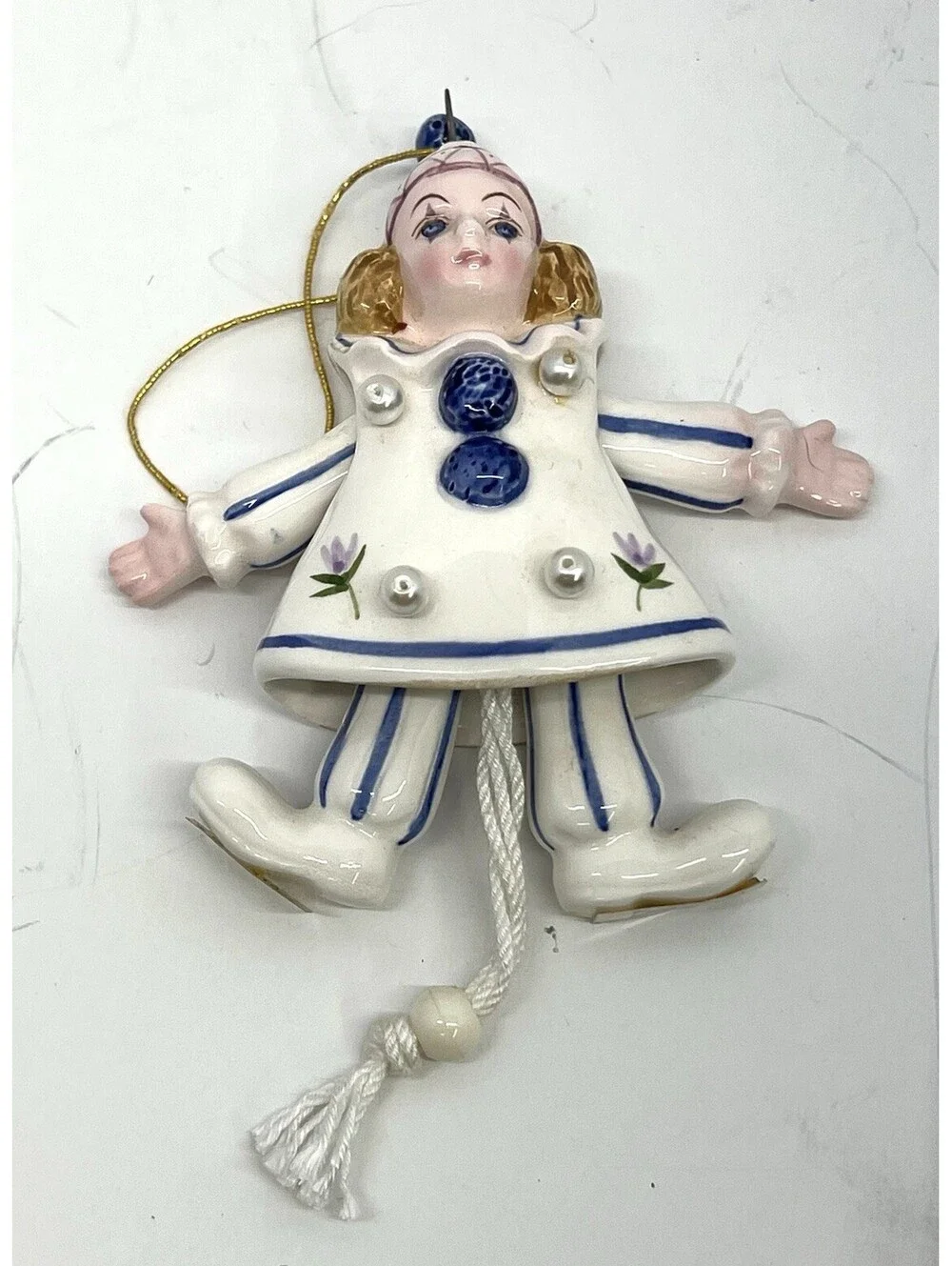 3 Schmid Ceramic Porcelain Pull String Dancing Clown Clowns 1991 Ornament Figure